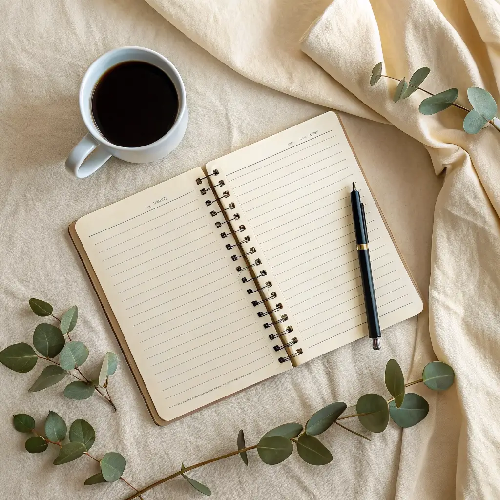 Open notebook, black coffee and eucalyptus arranged on cream fabric