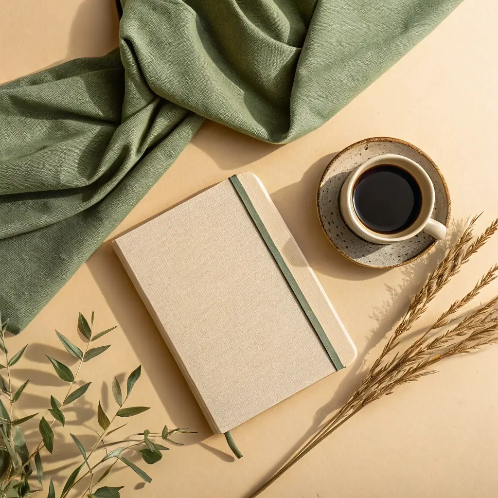 Closed cream notebook and coffee beside draped sage fabric