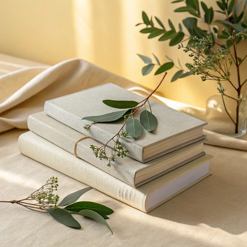 Stack of neutral linen books with eucalyptus in warm natural light
