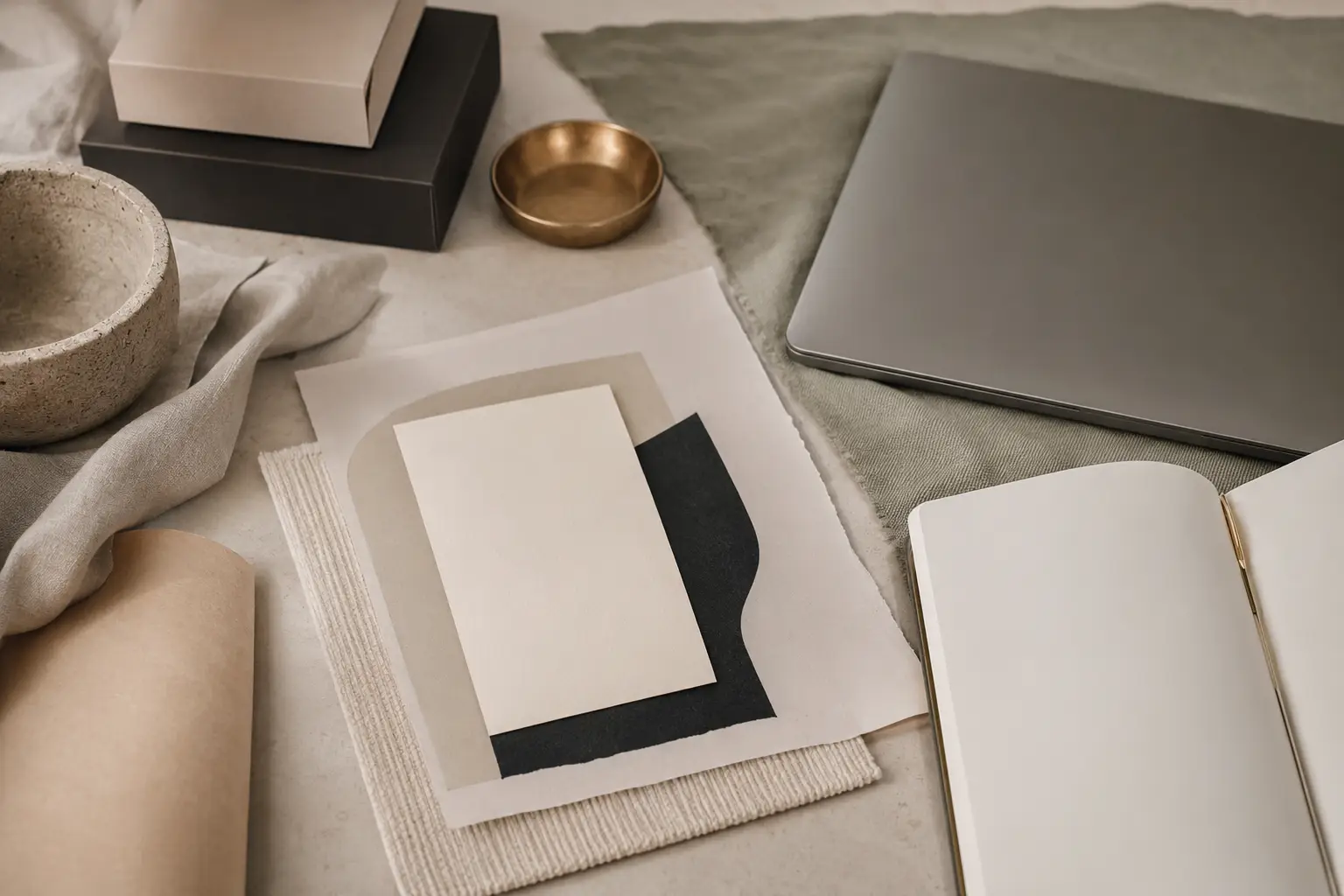 Neutral brand materials, notebook and laptop arranged without a personal image or public-facing identity.
