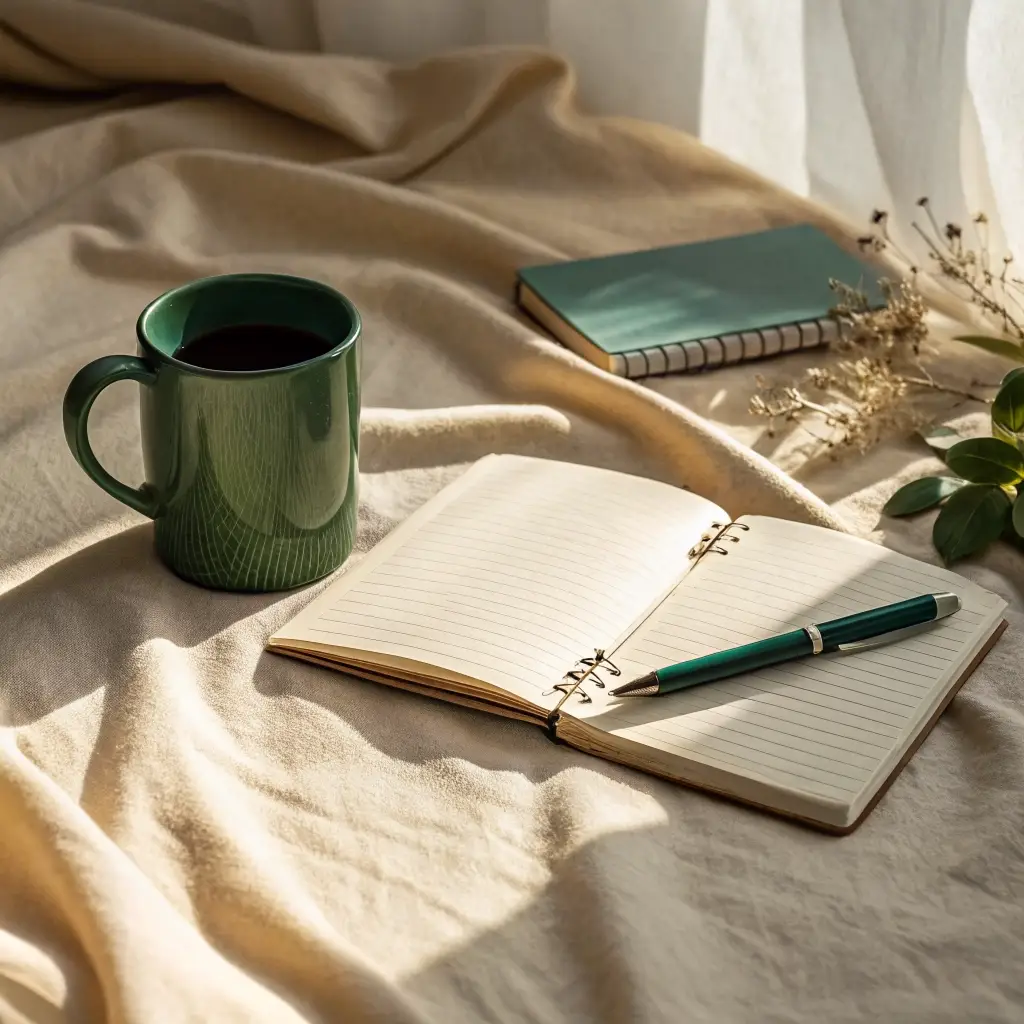 Open notebook, green mug and closed journal in soft window light