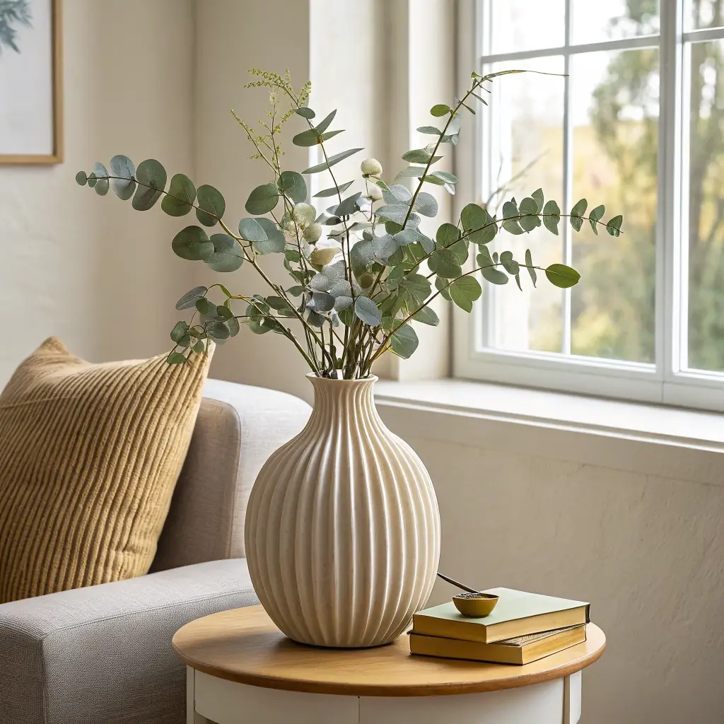 Eucalyptus branches in a cream vase beside a sunlit window