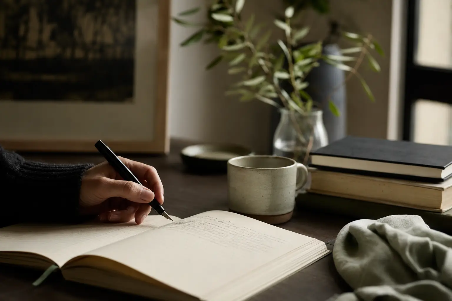 Hand writing in an open journal beside books and a warm drink in a quiet workspace.
