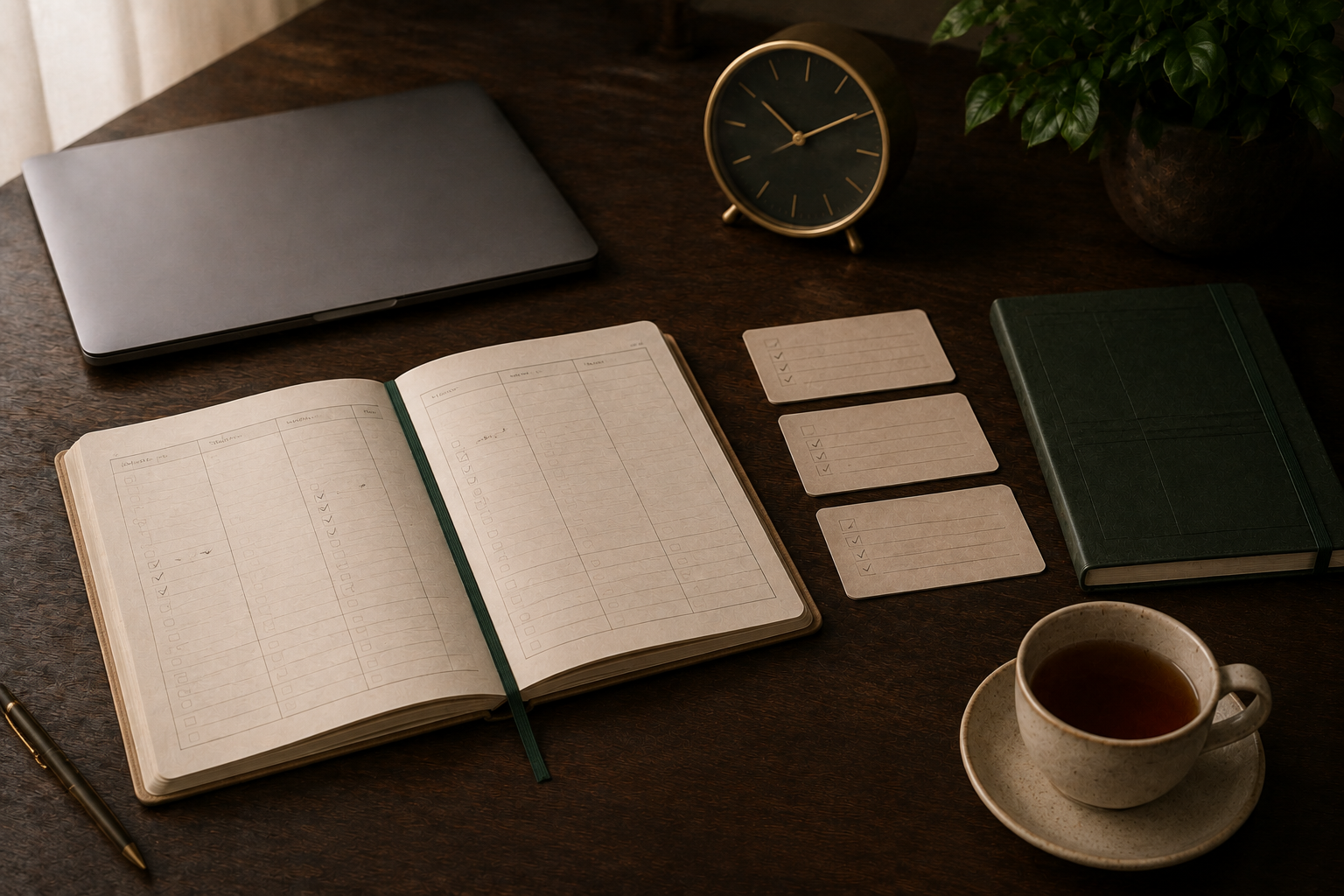 A calm weekly planning system representing a sustainable online business workload.