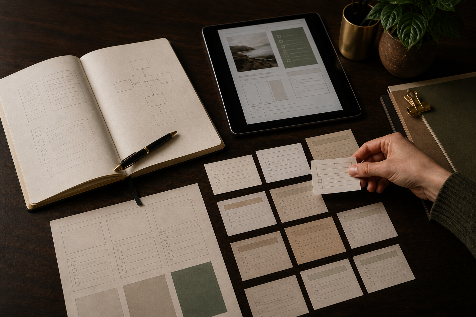 A writer and organizer arranging guide, checklist and template components.