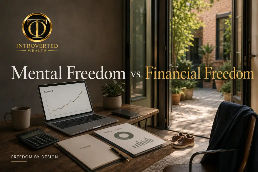 Editorial cover for mental freedom vs financial freedom, a desk with a revenue chart open on a laptop