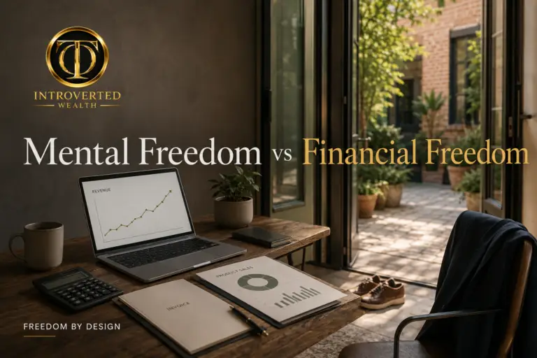 Editorial cover for mental freedom vs financial freedom, a desk with a revenue chart open on a laptop