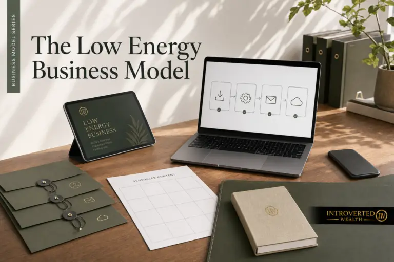 Editorial cover for the low energy business model, showing a workflow diagram and calm workspace
