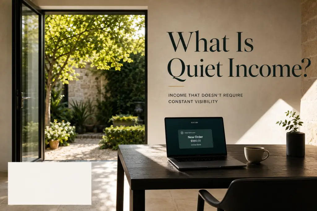 What Is Quiet Income magazine cover showing a private workspace and automated online sale