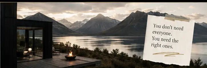 A lakeside scene with a handwritten note reading: you do not need everyone, you need the right ones.