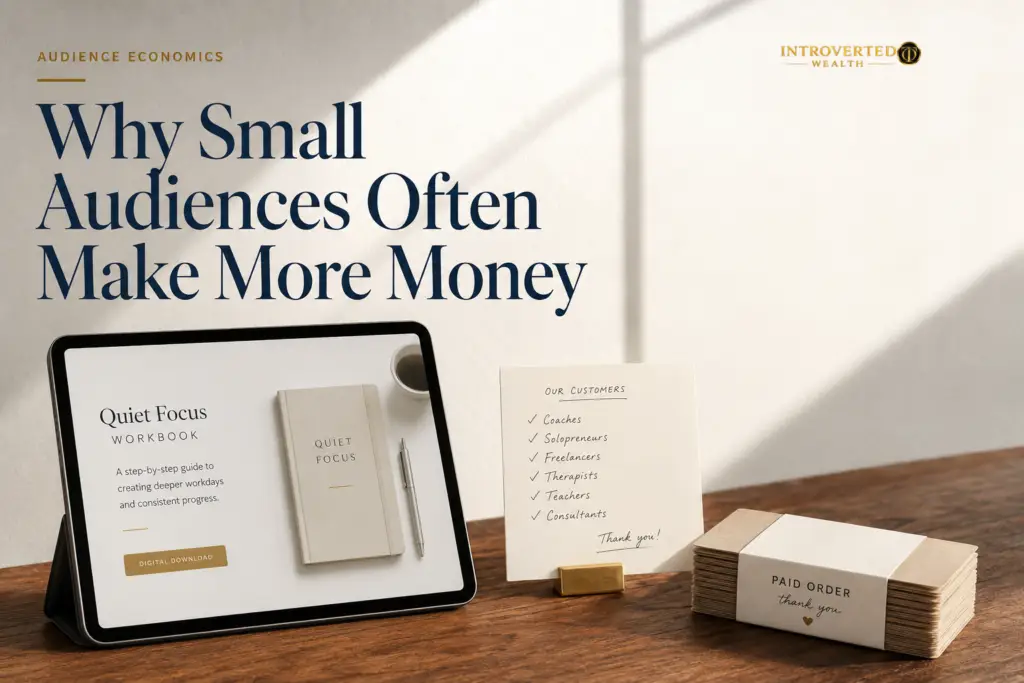 Magazine cover for Why Small Audiences Often Make More Money, featuring a premium editorial workspace and audience economics theme.