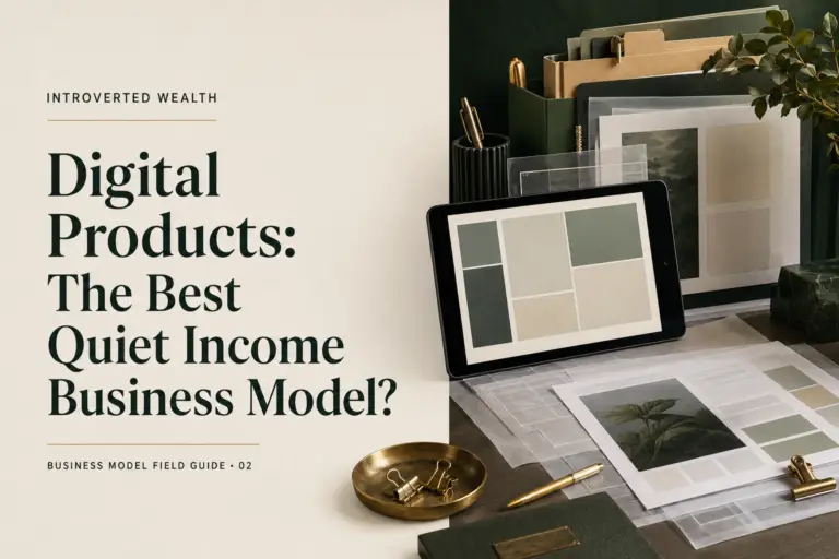 Editorial magazine cover for Digital Products: The Best Quiet Income Business Model?, styled as a field-guide issue cover.