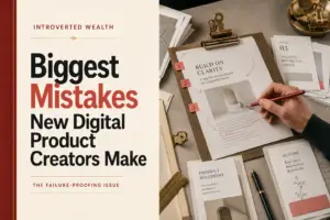 Editorial magazine cover for Biggest Mistakes New Digital Product Creators Make, styled as a field-guide issue cover.