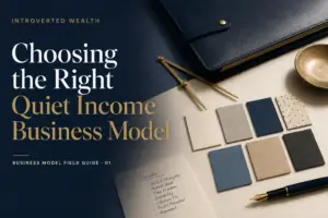 Editorial magazine cover for Choosing the Right Quiet Income Business Model, featuring a navy portfolio, brass dividers and comparison swatches.