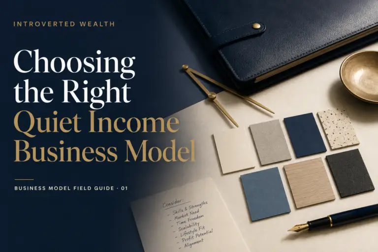 Editorial magazine cover for Choosing the Right Quiet Income Business Model, featuring a navy portfolio, brass dividers and comparison swatches.